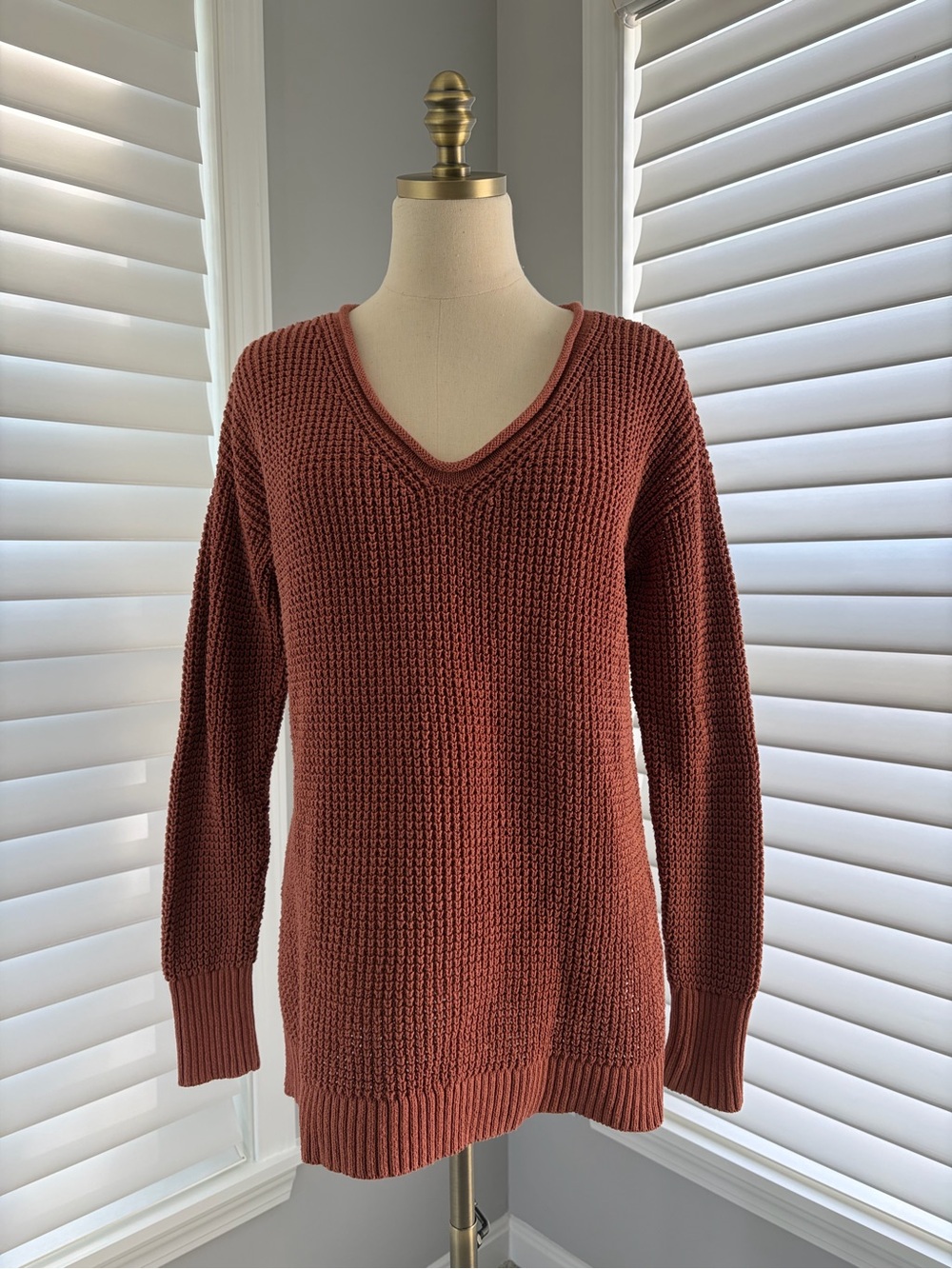 UpWest Women's V-Neck Waffle Knit Sweater - Rusty Brown